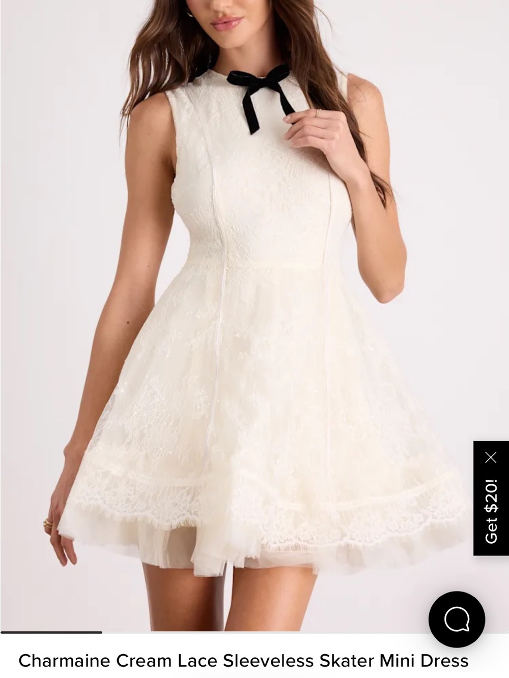 Lulu's Ivory Lace Mini Dress with Black Velvet Neck Bow